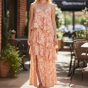 NEW MinkPink Kara Linen Blend Maxi Dress Peach Floral Feminine SZ M